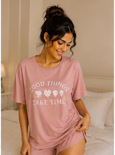 Women’s Pink “Good Things Take Time” Printed Short Sleeve Sleep T-Shirt